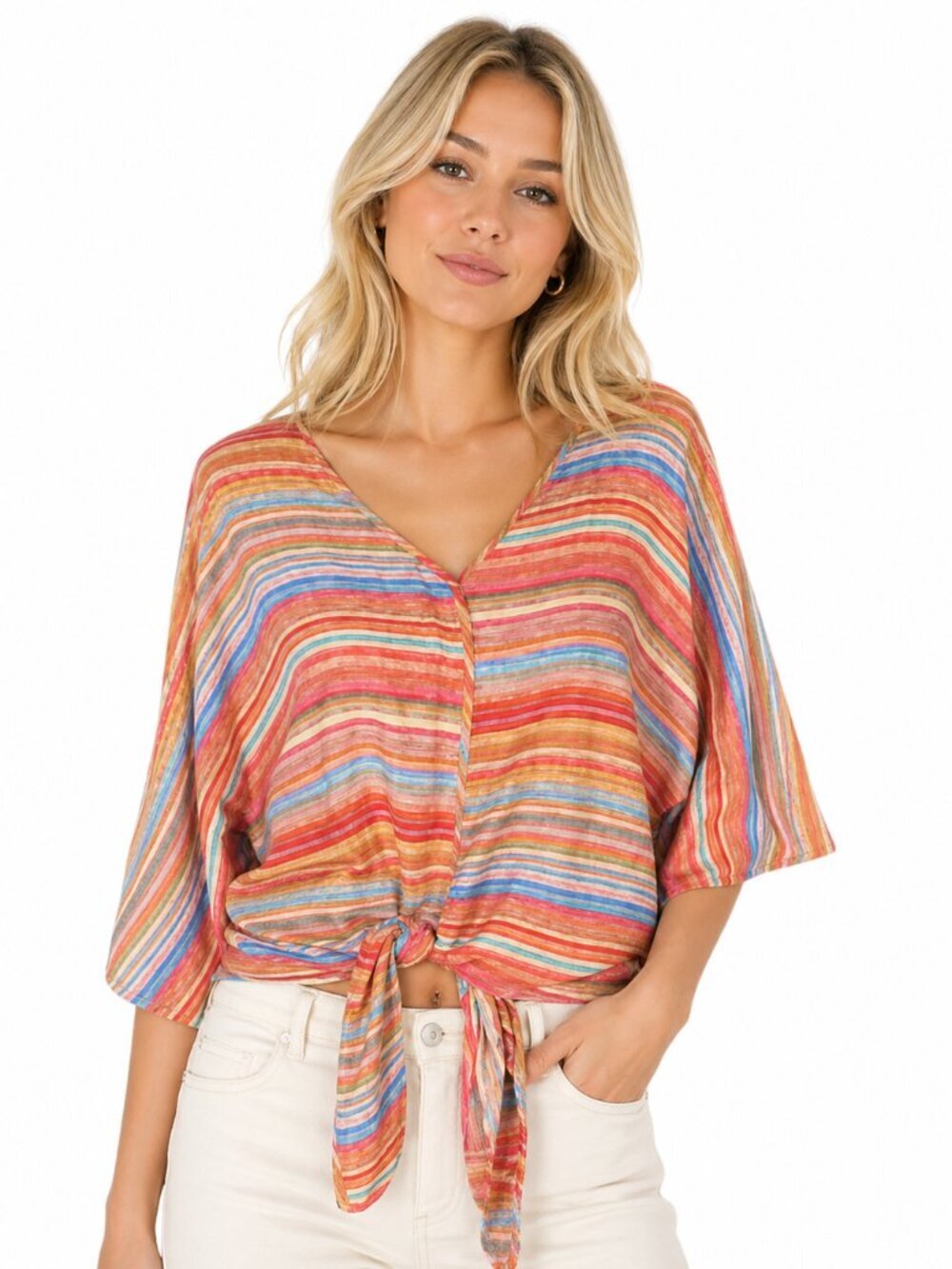 Ali Miles Top Size Small Orange Stripes Knot Front Artsy 3/4 Sleeves Art to Wear - Picture 1 of 10